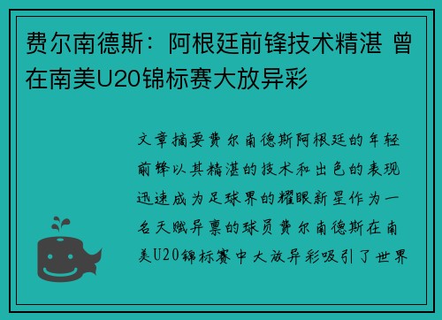 费尔南德斯:阿根廷前锋技术精湛 曾在南美U20锦标赛大放异彩 费尔南德斯:阿根廷前锋技术精湛 曾在南美U20锦标赛大放异彩